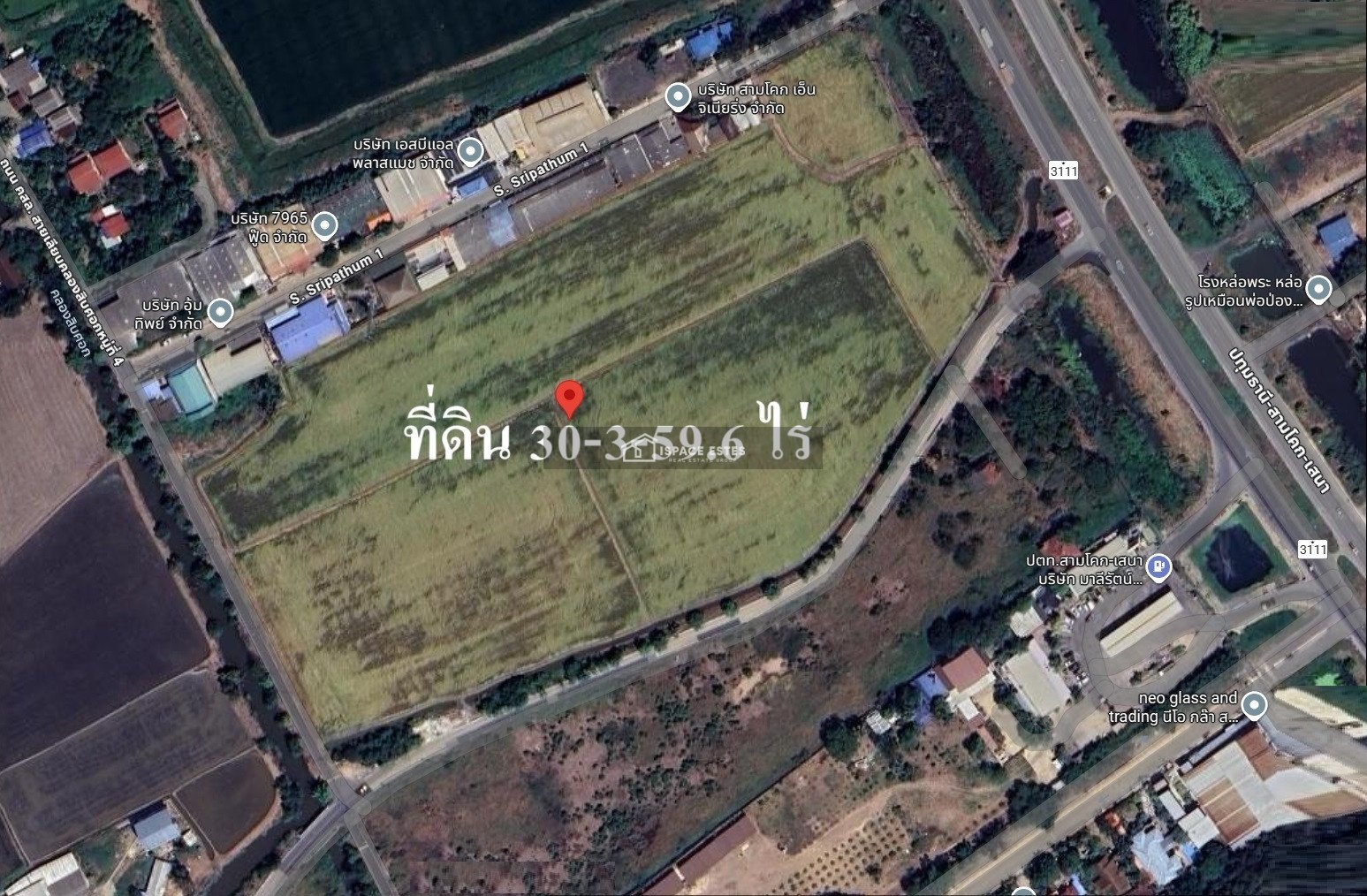 ขายที่ดิน 30-3-59.6 ไร่ อ.สามโคก ต.ท้ายเกาะ จ.ปทุมธานี ติดถนนใหญ่  3111 ปทุมธานี-สามโคก-เสนา ที่ดินแปลงสวย เหมาะทำการลงทุน สร้างโรงงาน โกดัง ฯลฯ